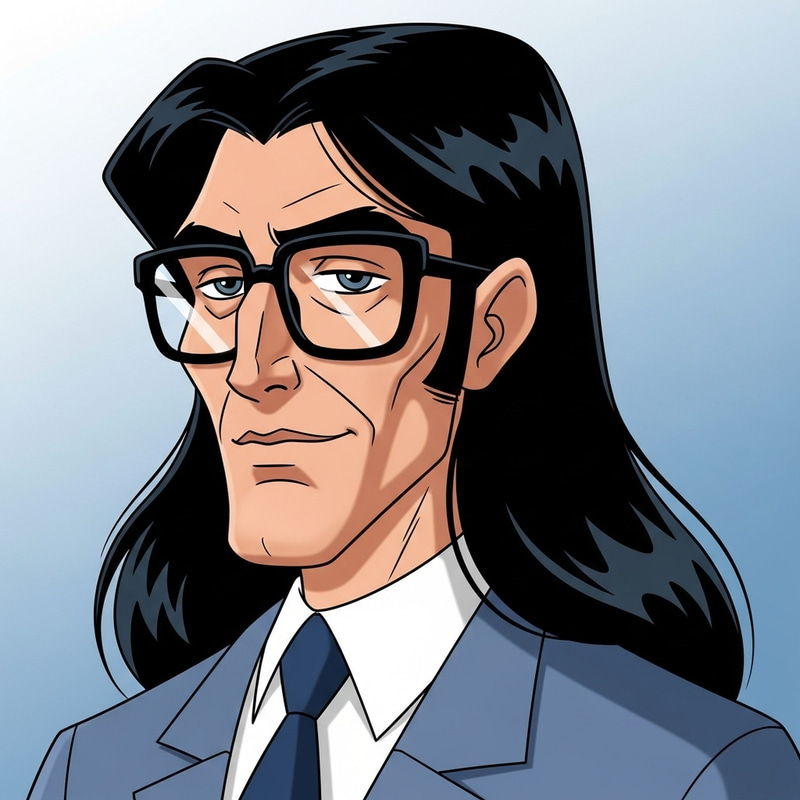 Cartoon Character with Prominent Cheekbones, Angular Face, and Large Glasses