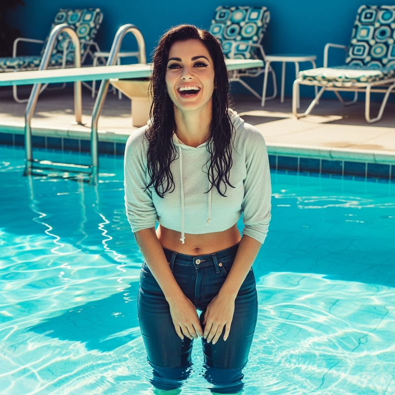 Vintage 1960s Poolside Vibe with Cheerful Laughing Woman