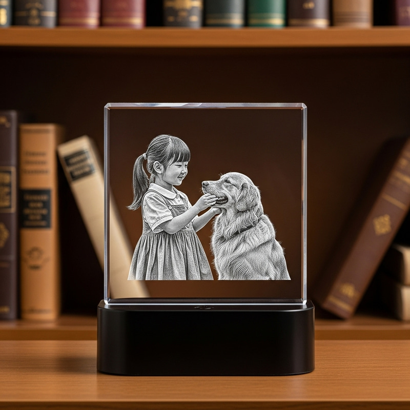 3D Engraving of Girl and Dog in Crystal | Subsurface Square Art 3D Engraving of Girl and Dog in Crystal | Subsurface Square Art