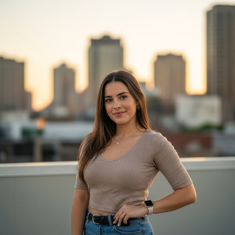 Confident 24-Year-Old Woman in Urban Sunset Scene