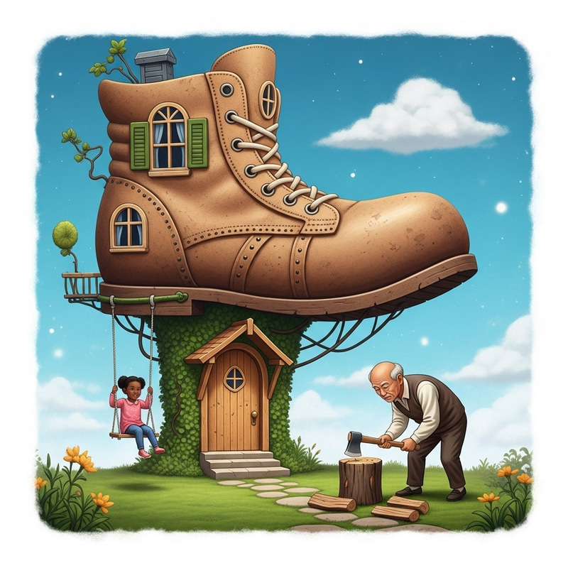Girl Swinging on Shoe-shaped Space House as Grandfather Chops Wood Girl Swinging on Shoe-shaped Space House as Grandfather Chops Wood