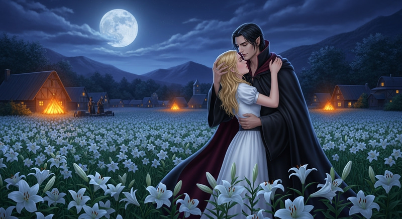 Enchanting Scene of Full Moon, Lilies and Vampire Embrace