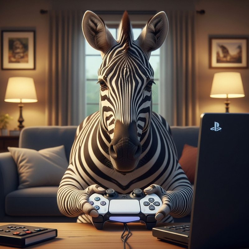 Zebra Playing PlayStation 5: Captivating Gaming Scene Zebra Playing PlayStation 5: Captivating Gaming Scene