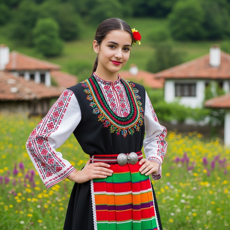 Bulgarian Teenage Girl in Traditional Bulgarian Costume