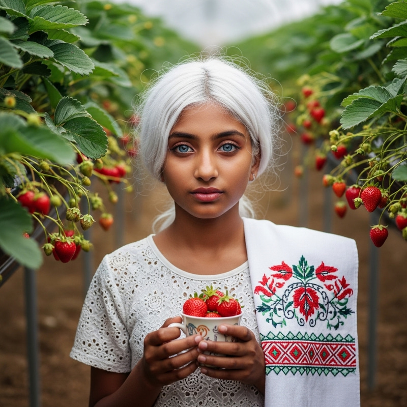 Girl with White Hair Enjoying Ripe Strawberries in Blue-eyed Beauty Field
