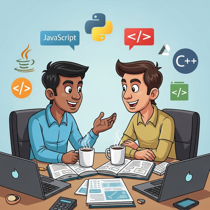 Humorous Cartoon of Software Developers Discussing Code Humorous Cartoon of Software Developers Discussing Code