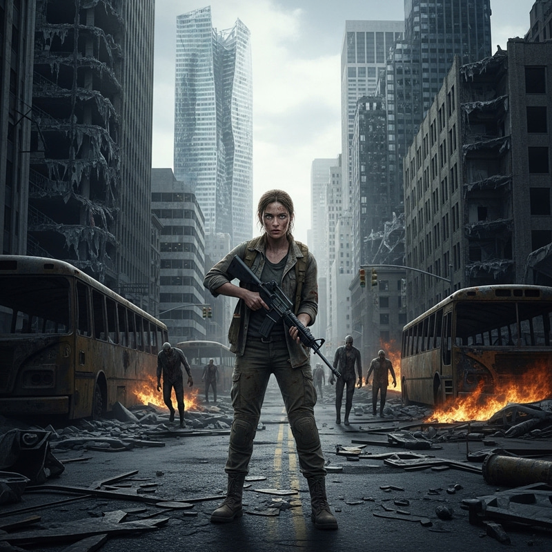 Courageous Female Survivor Battles Undead in Post-Apocalyptic Setting Courageous Female Survivor Battles Undead in Post-Apocalyptic Setting