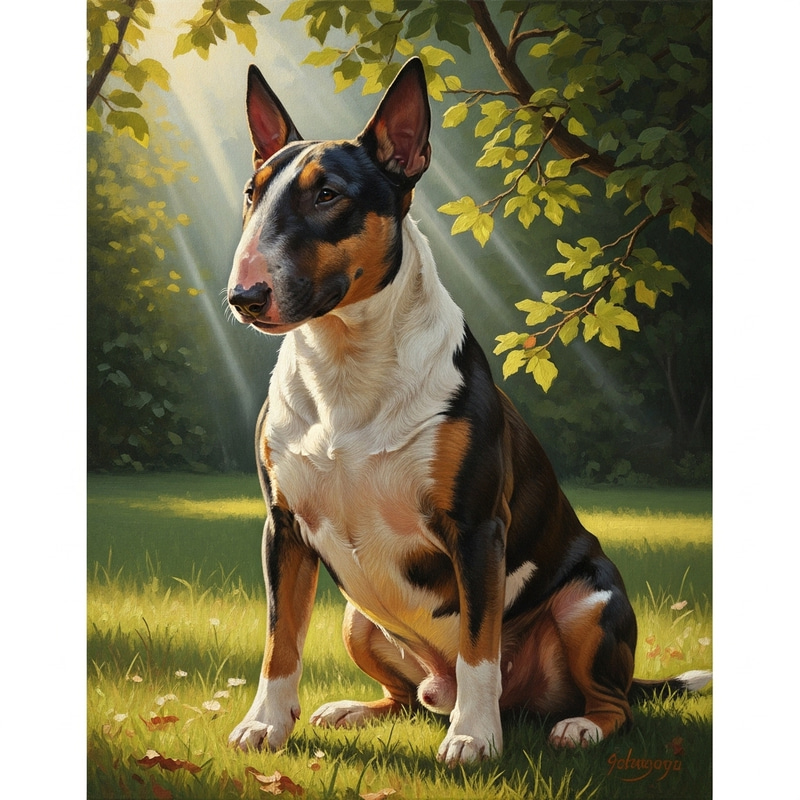 Tranquil Bull Terrier Oil Painting in Natural Setting Tranquil Bull Terrier Oil Painting in Natural Setting