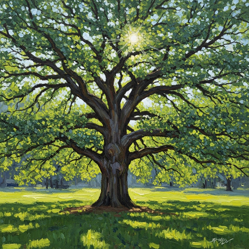 Impressionist Scene: Captivating Oak Tree Impressionist Scene: Captivating Oak Tree