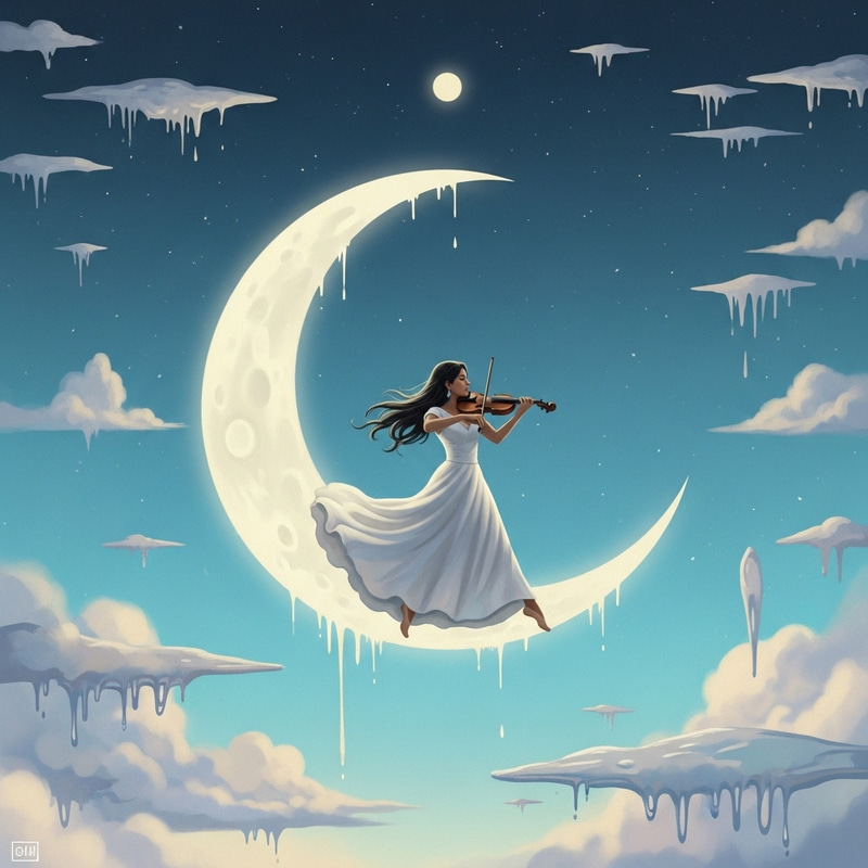 Surreal Moonlit Fantasy: Woman Dances Playing Violin on Crescent Moon Surreal Moonlit Fantasy: Woman Dances Playing Violin on Crescent Moon