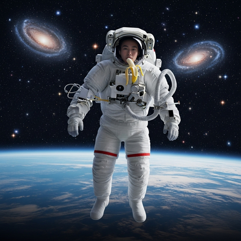 Astronaut Enjoying Banana in Space Astronaut Enjoying Banana in Space