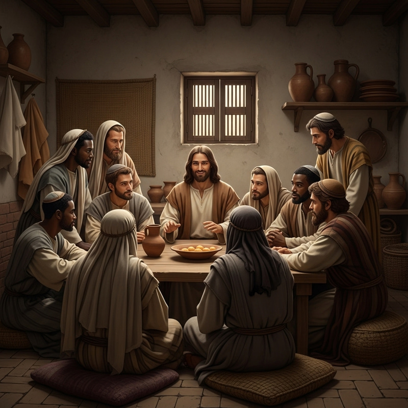 Smiling Jesus and Disciples in First Century Room Smiling Jesus and Disciples in First Century Room