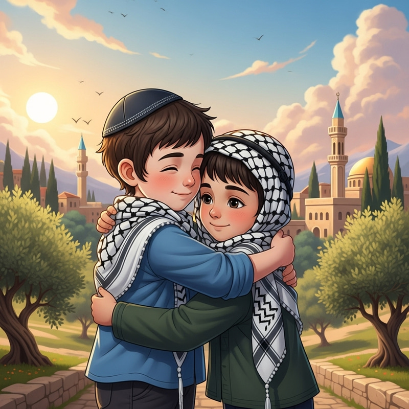 Jewish and Palestinian Boys Embracing in Unity