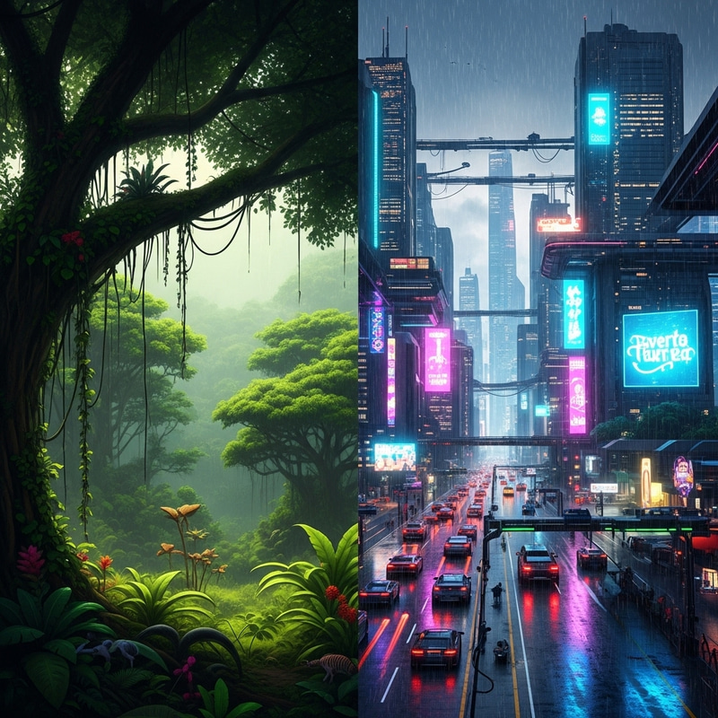 Rainforest Transformation: Cyberpunk Cityscape Evolution