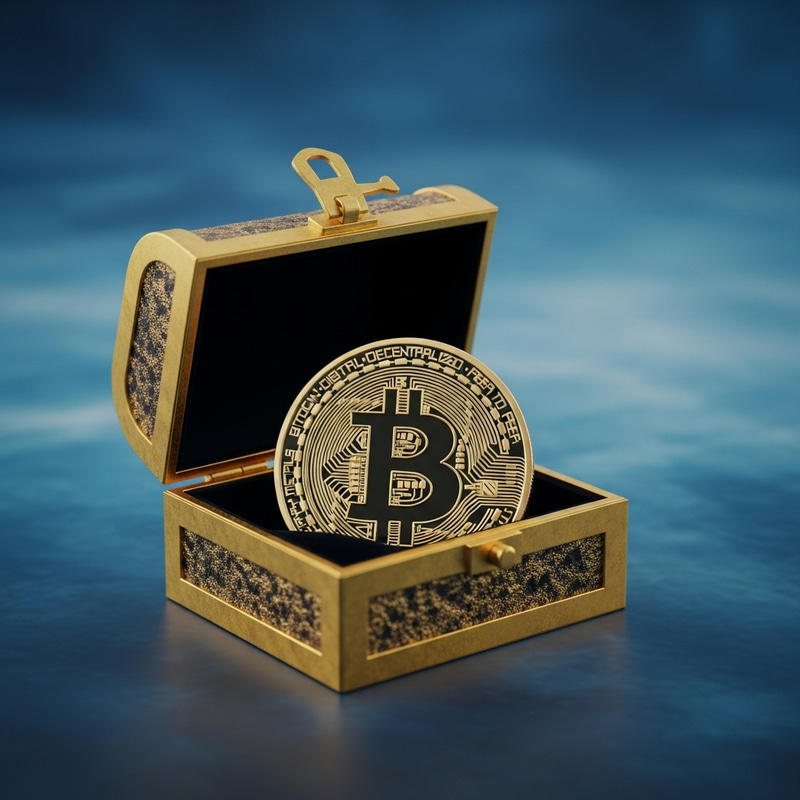 Open Gold Antique Casket with Bitcoin Coin on Blue Background