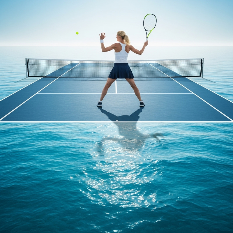 Middle Aged Blonde Woman Tennis Player | Powerful Backhand Shot Overlooking Ocean Middle Aged Blonde Woman Tennis Player | Powerful Backhand Shot Overlooking Ocean