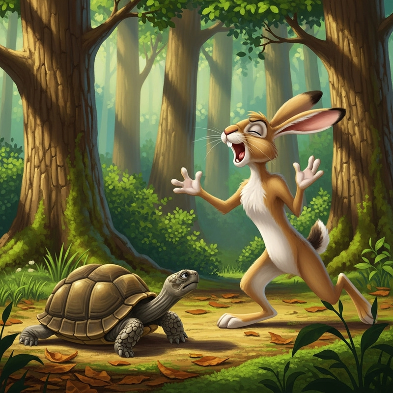 Speedy Hare Mocks Slow Tortoise: Forest Race Scene
