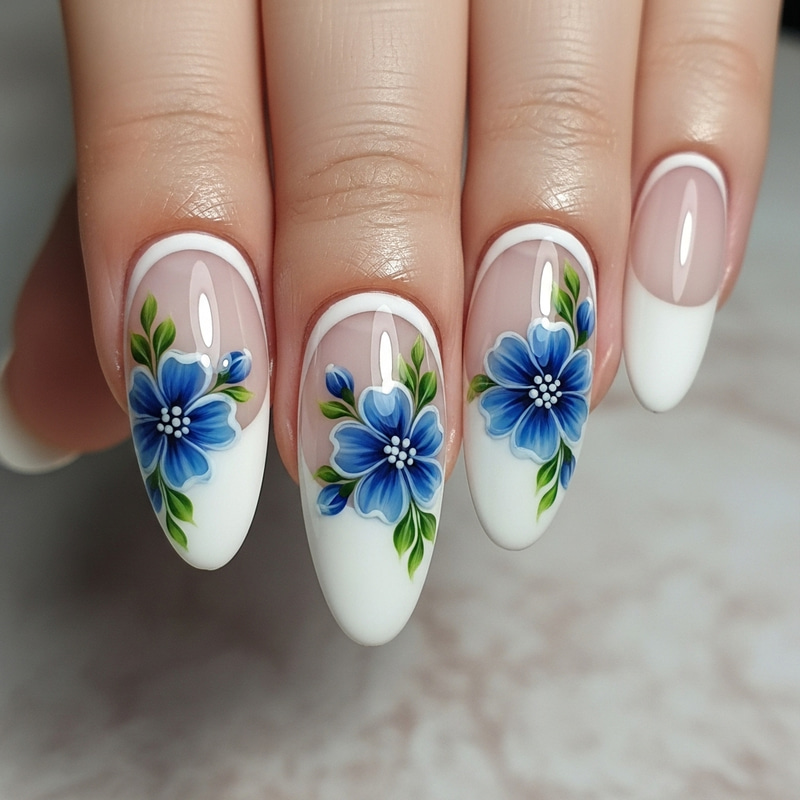 Elegant Almond-Shaped French Tip Nails with Blue Flowers Elegant Almond-Shaped French Tip Nails with Blue Flowers