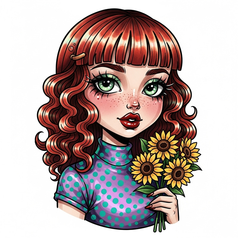 Iridescent Chibi Girl Sticker: Purple Teal Turtleneck & Sunflowers