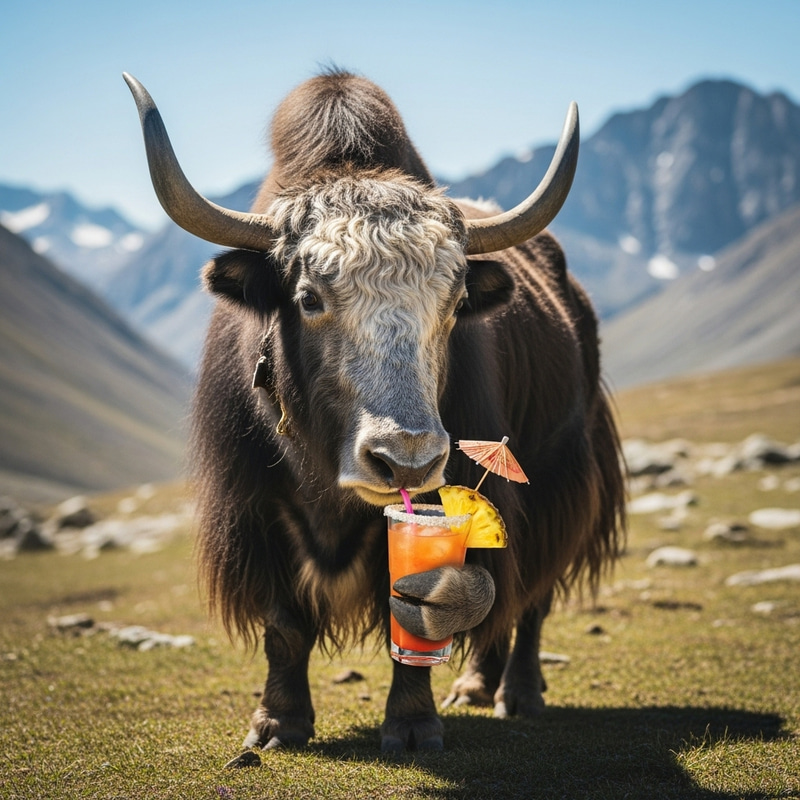 Majestic Yak Enjoying a Sophisticated Cocktail in Alpine Setting Majestic Yak Enjoying a Sophisticated Cocktail in Alpine Setting