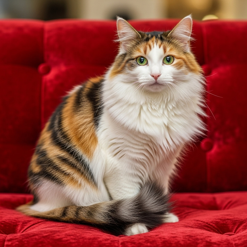 Calico Fluffy Cat with Emerald Green Eyes