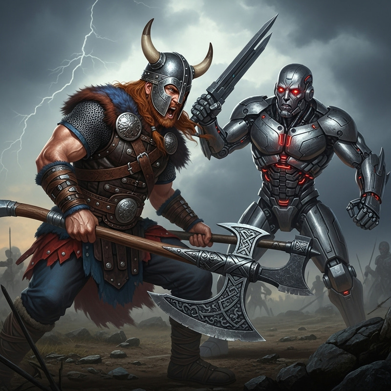 Viking Warrior vs Terminator: Fierce Battle on Rugged Battlefield Viking Warrior vs Terminator: Fierce Battle on Rugged Battlefield