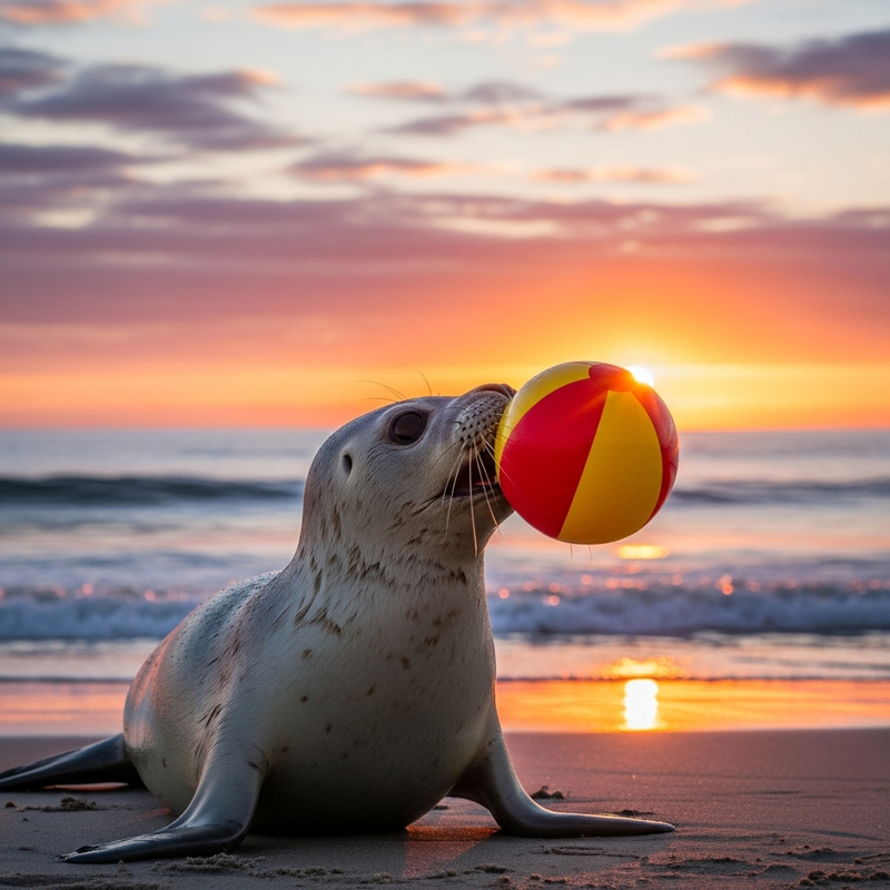 Adorable Baby Seal Playing with Beach Ball at Stunning Sunset Adorable Baby Seal Playing with Beach Ball at Stunning Sunset