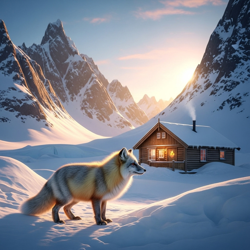 Cozy Cabin, Fox, and Mountains in Antarctica