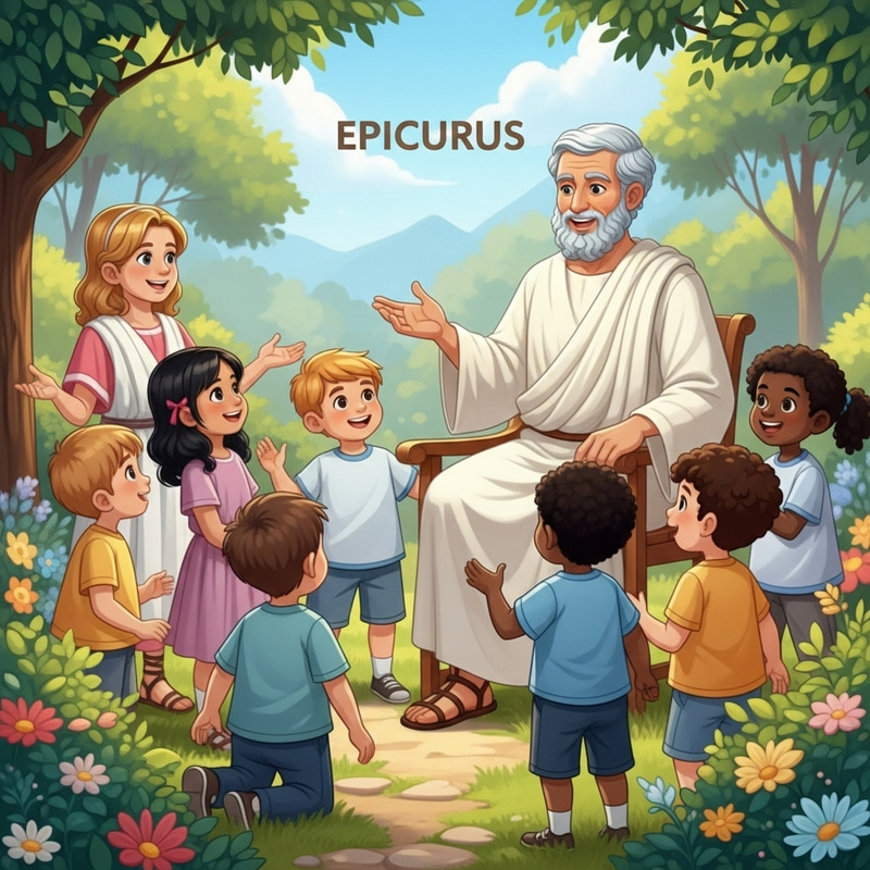 Epicurus with Diverse Children: Joyful Philosophy Scene Epicurus with Diverse Children: Joyful Philosophy Scene