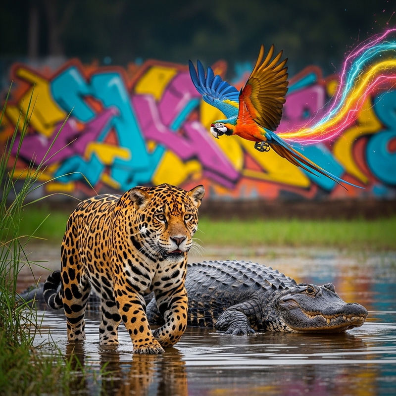 Modern Graffiti Music Fusion: Neon Pantanal Wildlife Spectacle