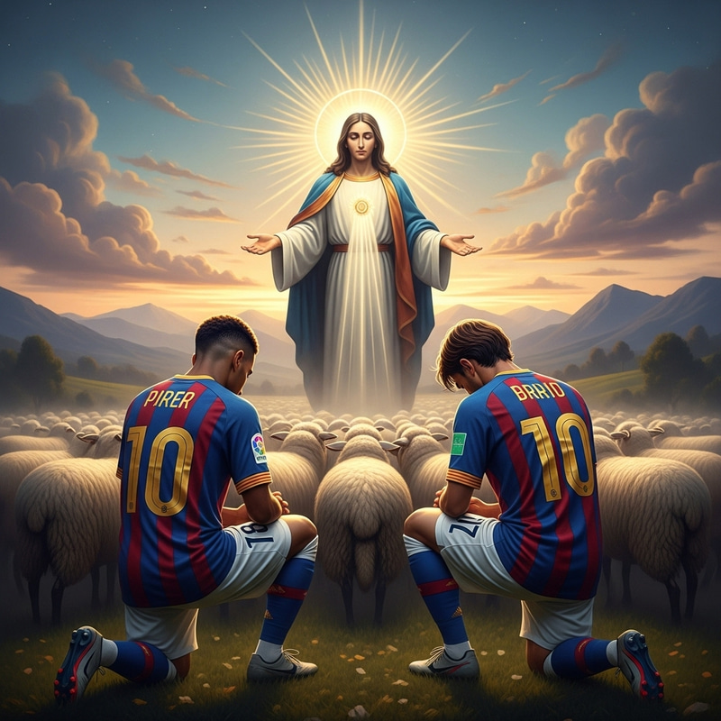 Messi and Ronaldo Kneeling Before Jesus in a Flock of Sheep Messi and Ronaldo Kneeling Before Jesus in a Flock of Sheep