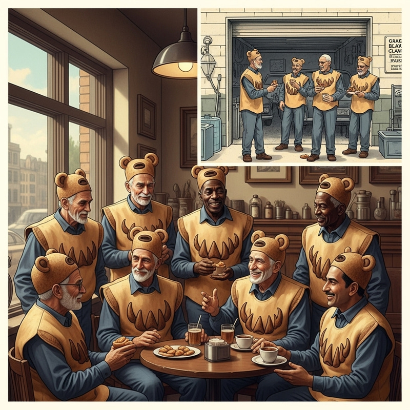 Elderly Men in Bear Claw Pastry Militia Uniforms Having Animated Conversation in Cozy Cafe Elderly Men in Bear Claw Pastry Militia Uniforms Having Animated Conversation in Cozy Cafe