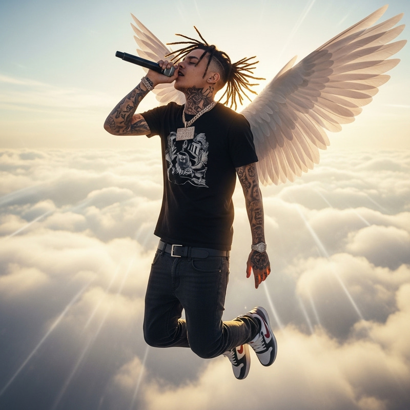 Rap Artist Soars with Angelic Wings in Celestial Performance Rap Artist Soars with Angelic Wings in Celestial Performance