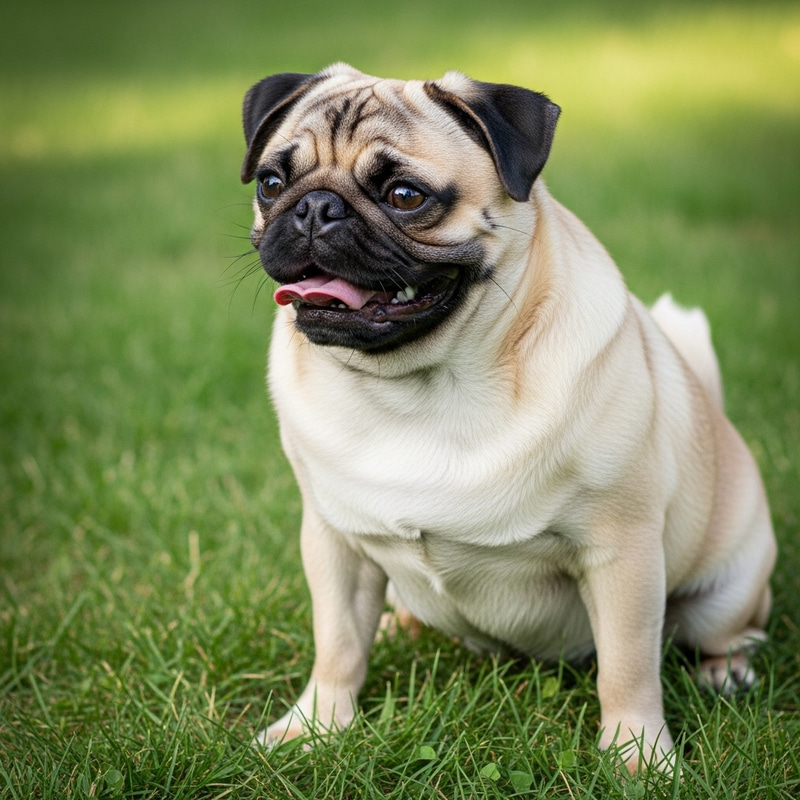 Adorable Fawn Pug Sitting on Green Grass