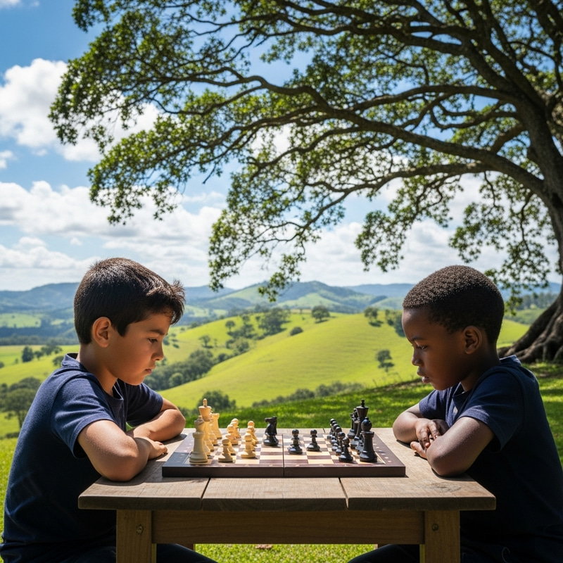 Intense Chess Match with Young Boys Against Scenic Background Intense Chess Match with Young Boys Against Scenic Background