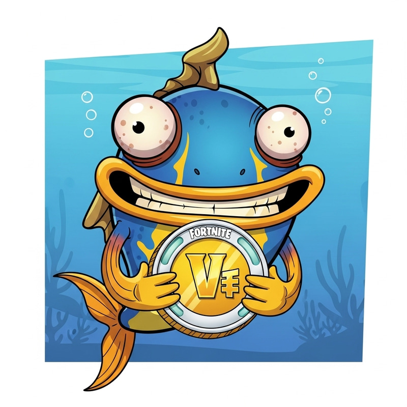 Cartoonish Fortnite Fish Holding V-Bucks Coin