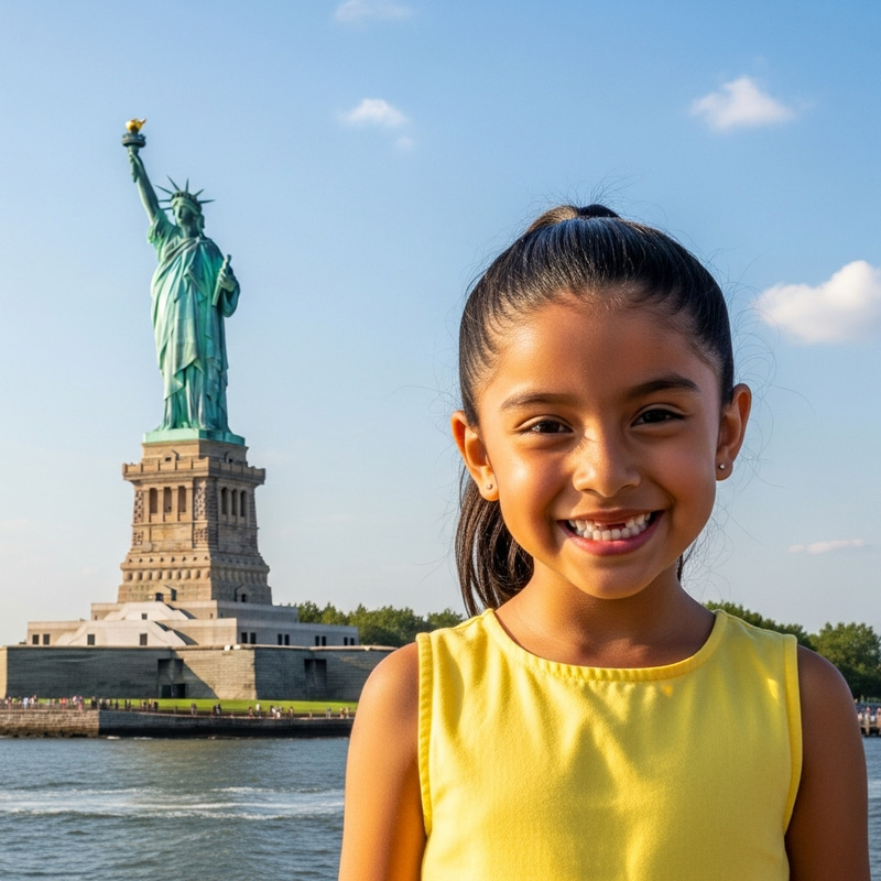 7-Year-Old Mexican Girl at Statue of Liberty - Smiling Brightly