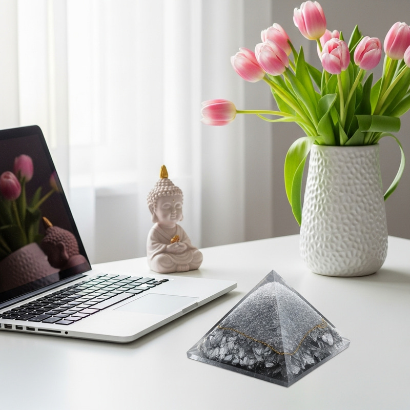 Shungite Pyramid on Desk | Baby Buddha | Pink Tulips Shungite Pyramid on Desk | Baby Buddha | Pink Tulips