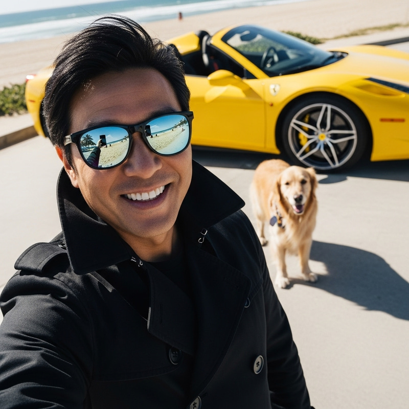 Smiling Man in Trench Coat with Dog and Yellow Ferrari on Beach Smiling Man in Trench Coat with Dog and Yellow Ferrari on Beach