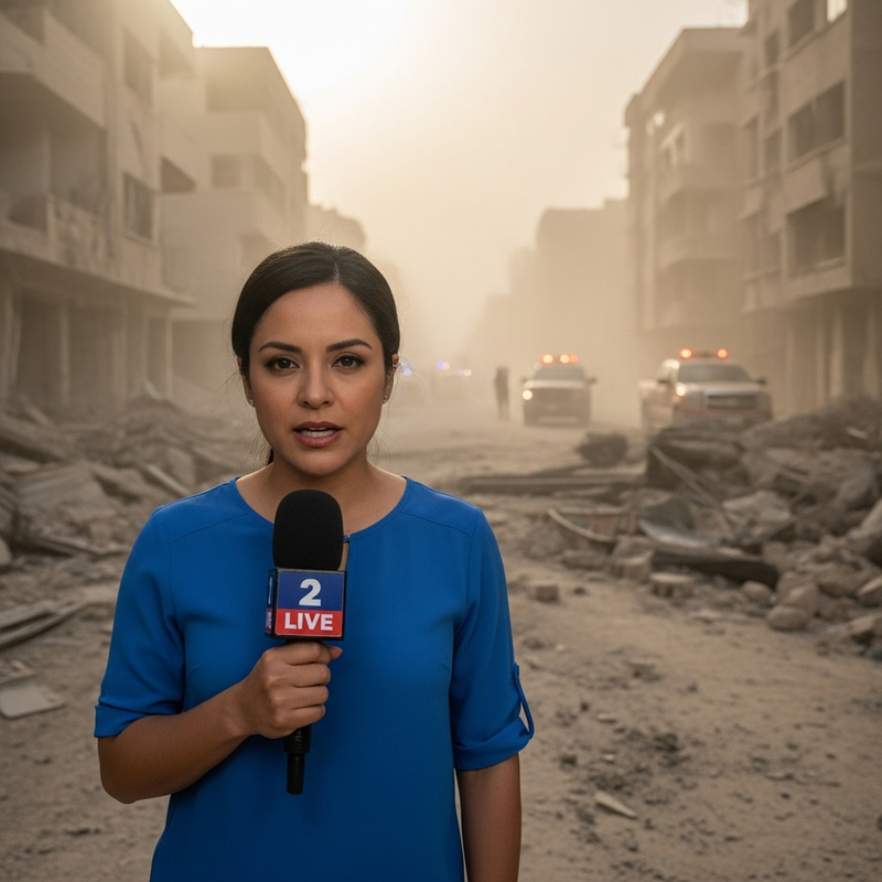 Hispanic Female Journalist Reporting Live from Dusty Conflict Zone Hispanic Female Journalist Reporting Live from Dusty Conflict Zone