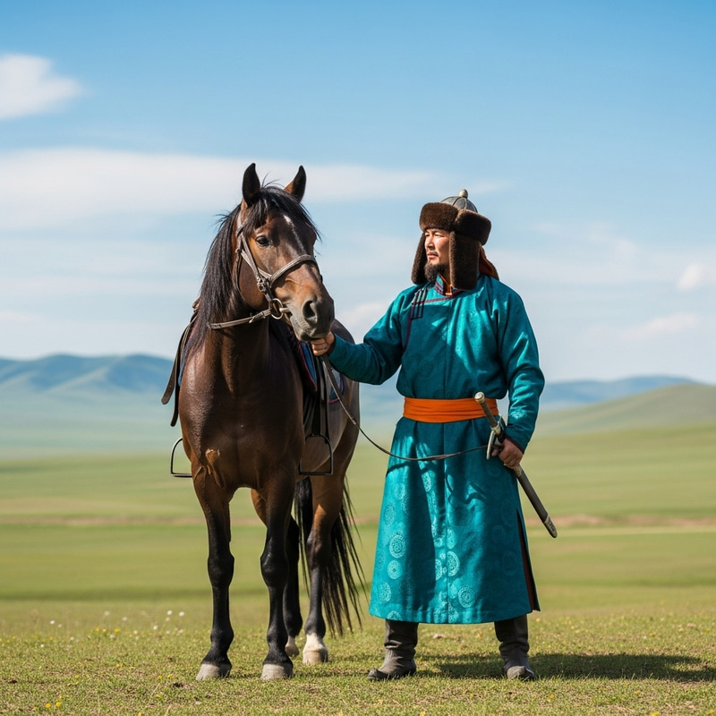 Mongolian Hero with Horse in Traditional Attire