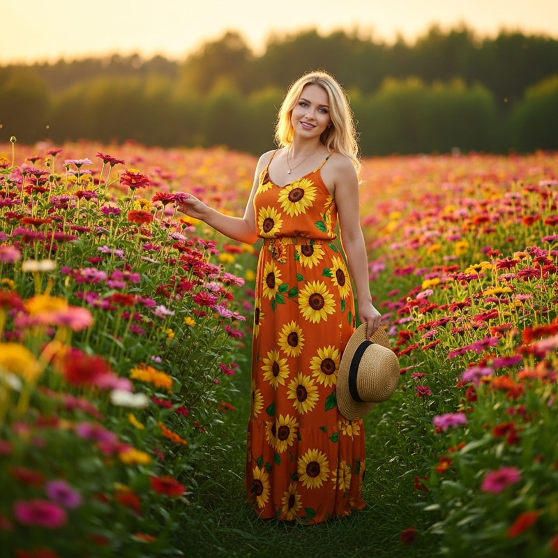 Splendid Blonde Woman in Orange Sundress | Garden Beauty Splendid Blonde Woman in Orange Sundress | Garden Beauty