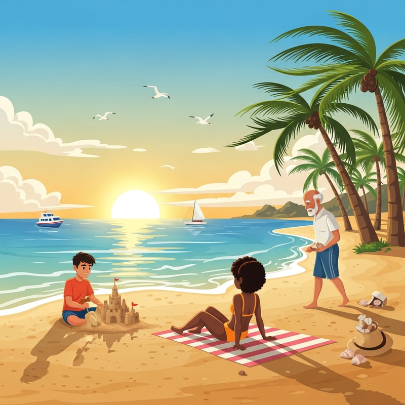 Tranquil Beach Scene at Sunset with Beachgoers of Various Ethnicities Tranquil Beach Scene at Sunset with Beachgoers of Various Ethnicities