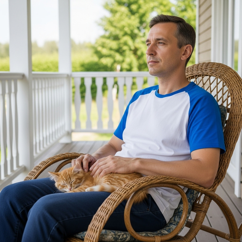 Man with Sleeping Kitten on Wicker Rocking Chair - Summer Countryside Scene Man with Sleeping Kitten on Wicker Rocking Chair - Summer Countryside Scene