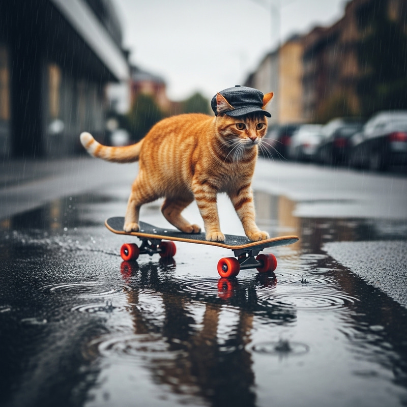 Orange Cat Skateboarding Carefreely in Rain | Urban Setting Orange Cat Skateboarding Carefreely in Rain | Urban Setting