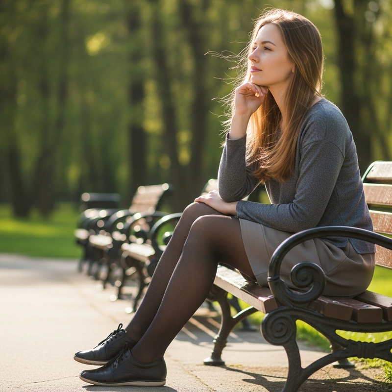 Young Woman Sitting on Bench in Tights Young Woman Sitting on Bench in Tights
