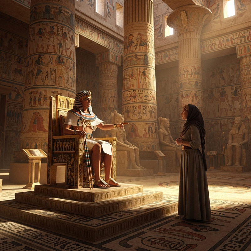 Caucasian Woman Converses with Pharaoh in Grand Palace Caucasian Woman Converses with Pharaoh in Grand Palace