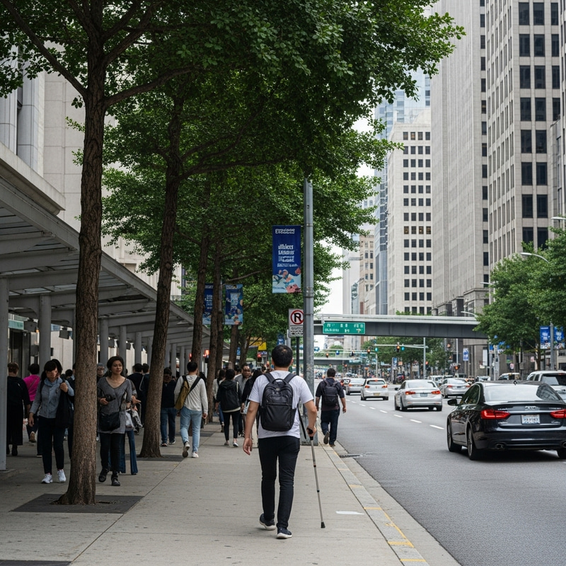 Person Walking with Cane on Street - Urban Diversity Scene Person Walking with Cane on Street - Urban Diversity Scene