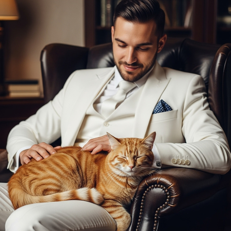 Man in White Suit Sitting with Cat on Lap Man in White Suit Sitting with Cat on Lap