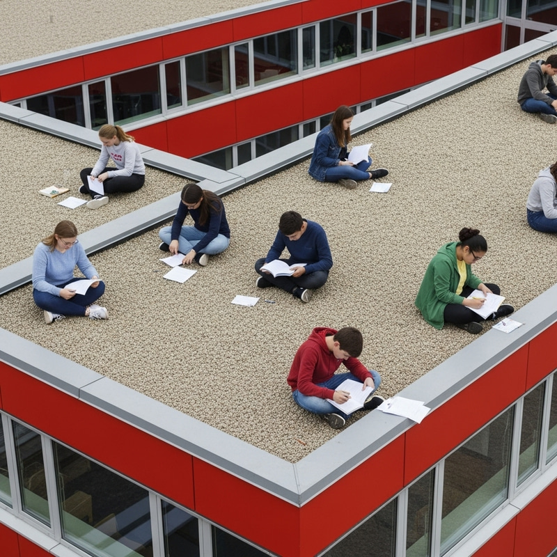 Dedicated Students Working on Exams atop School | Diverse Learning Scene